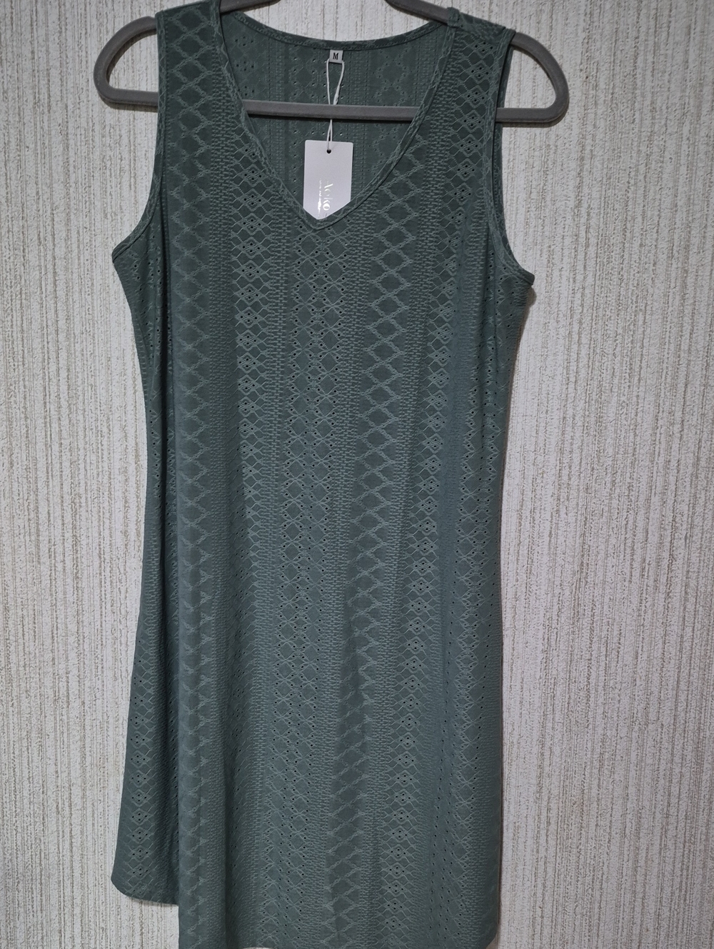 NWT Aokosor Size Medium Sage Green Sleeveless Swing Dress Eyelet Knit